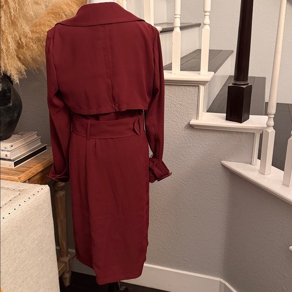 Express Burgundy Belted Long Trench Coat Size Medium - Picture 5 of 8